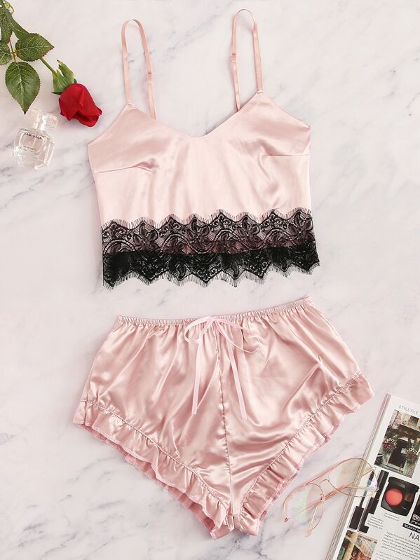 

Contrast Lace Satin Pajama Set, Pink