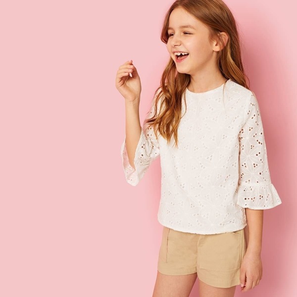 

Girls Keyhole Back Embroidered Eyelet Top, White