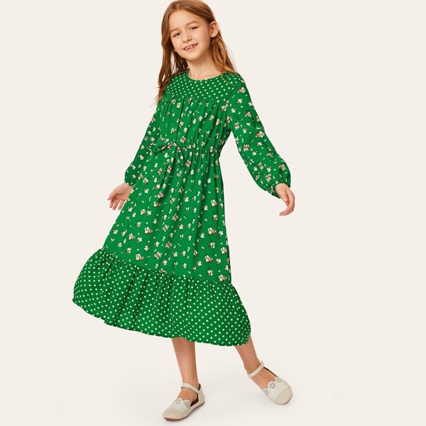 

Girls Drawstring Waist Lantern Sleeve Dress, Green bright