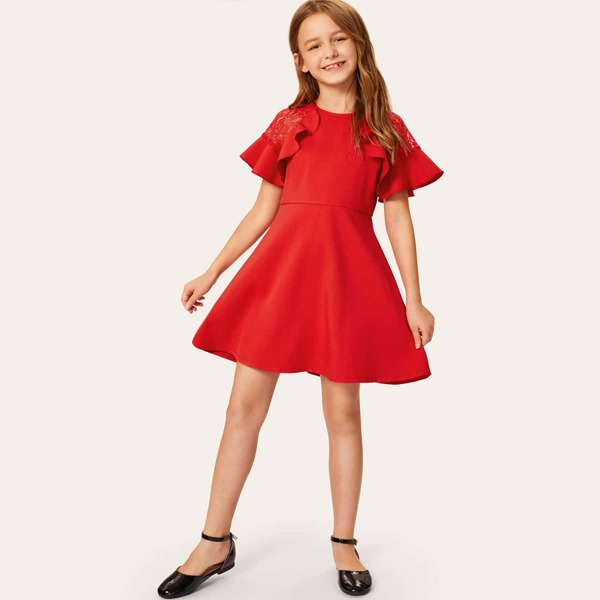 

Girls Ruffle Trim Lace Insert Dress