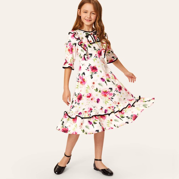 

Girls Bow Front Ruffle Hem Floral Dress, Multicolor