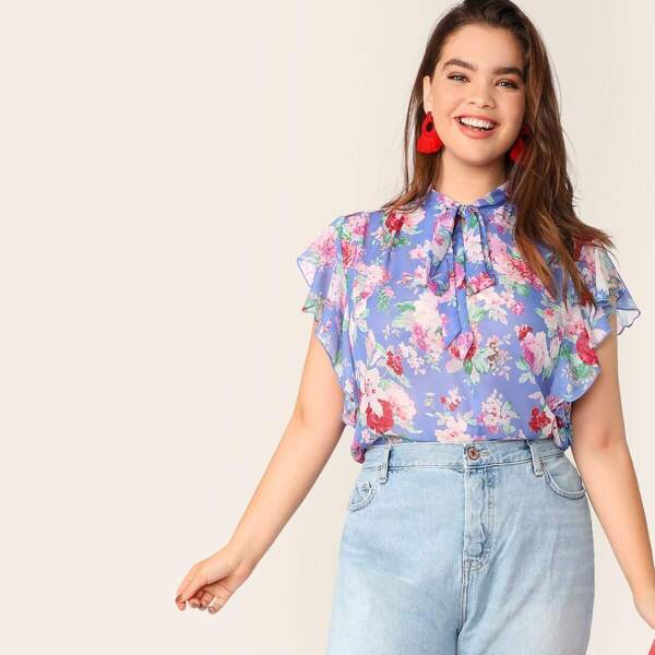 

Plus Tie Neck Ruffle Armhole Floral Top