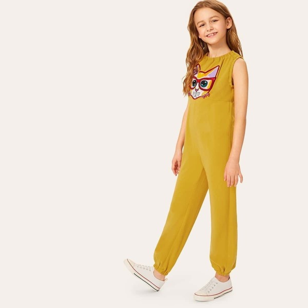 

Girls Zip Back Elastic Neck Cat Patched Jumpsuit