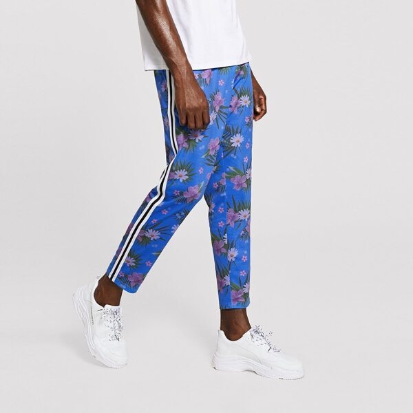 

Men Striped Tape Side Drawstring Waist Tropical Pants