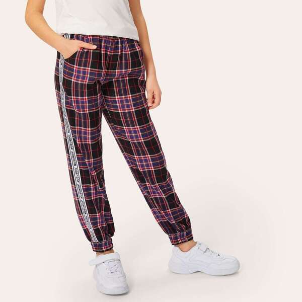 

Girls Letter Tape Side Plaid Peg Pants, Multicolor