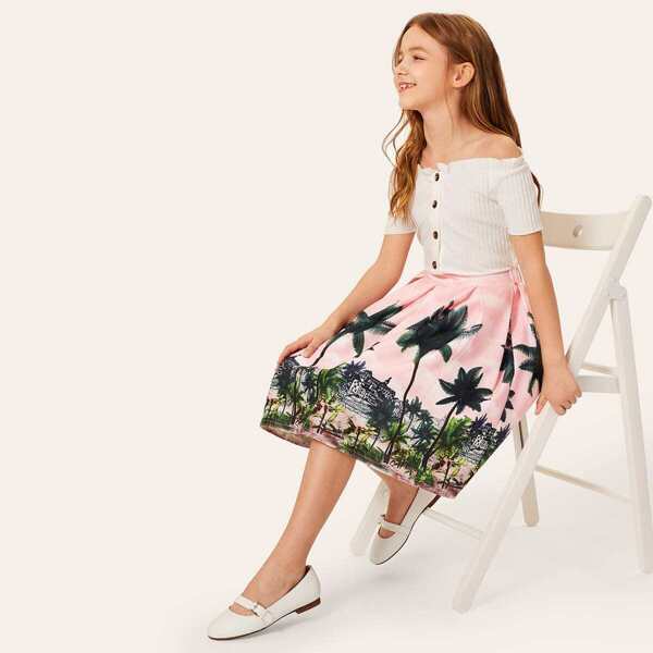 

Girls Elastic Waist Tropical Print Pleated Skirt, Multicolor