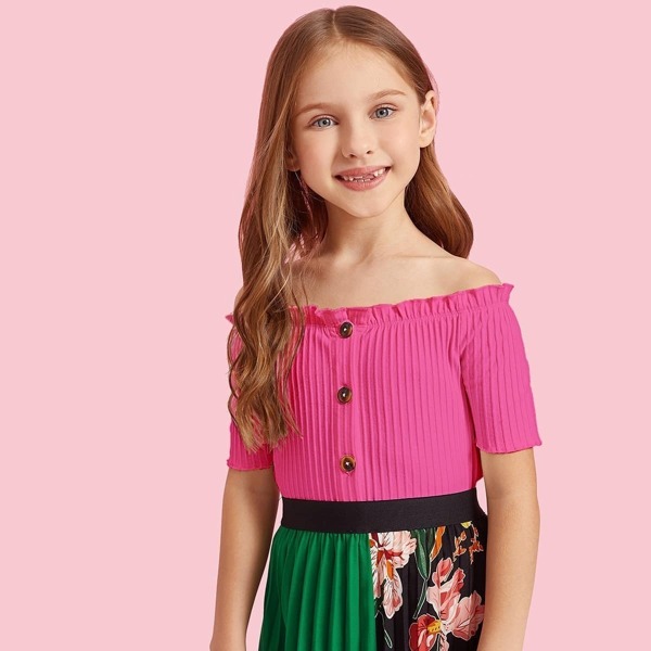 

Girls Button Front Solid Bardot Top