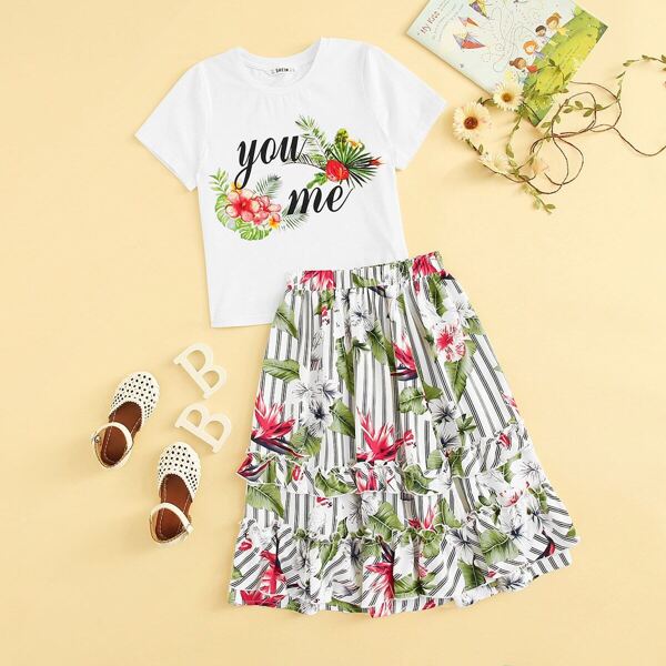 

Girls Graphic Print Top & Striped Tropical Ruffle Detail Skirt Set, Multicolor