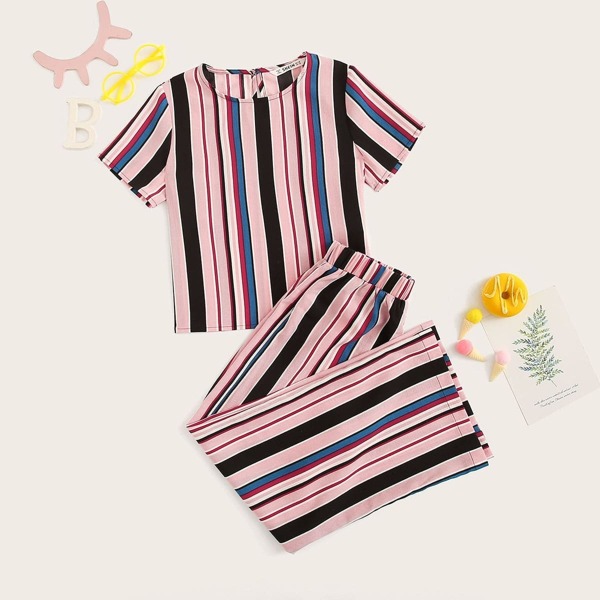 

Girls Keyhole Back Stripe Top & Pants Set