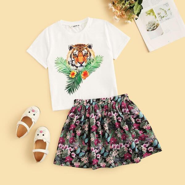 

Girls Tiger Tropical Print Top & Floral Skirt Set