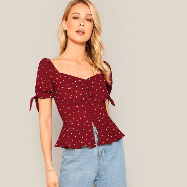 

Button Through Shirred Heart Print Peplum Top