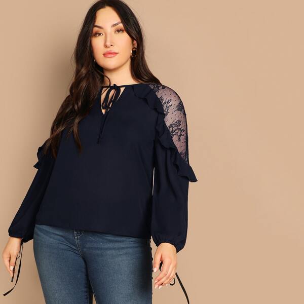 

Plus Mesh Shoulder Ruffle Trim Tied Cuff Top