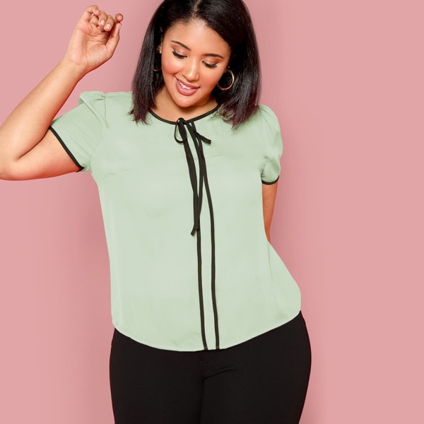 

Plus Tie Neck Contrast Binding Top