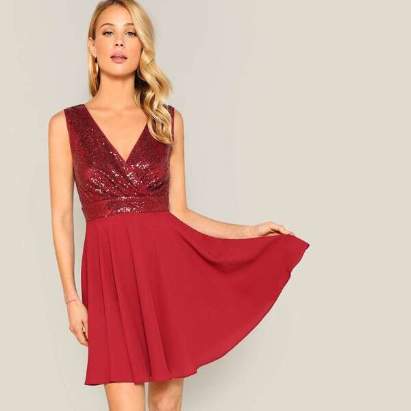 

Double V Neck Surplice Sequin Bodice Dress