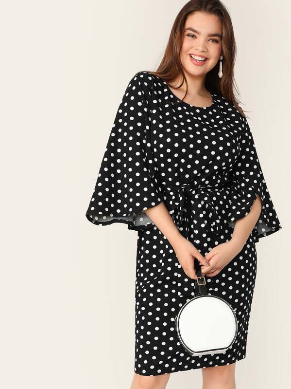 

Plus Overlap Bell Sleeve Belted Polka Dot Dress, Black and white, Faith Bowman