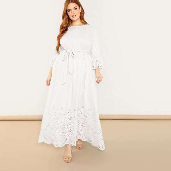 

Plus Fluted Sleeve Scalloped Laser Cut Dress With Belt