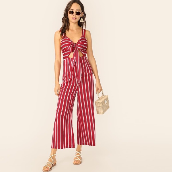 

Tie Front Cut-out Striped Wide Leg Jumpsuit