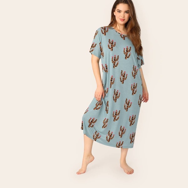 

Plus Drop Shoulder Cactus Print Tunic Nightdress, Blue