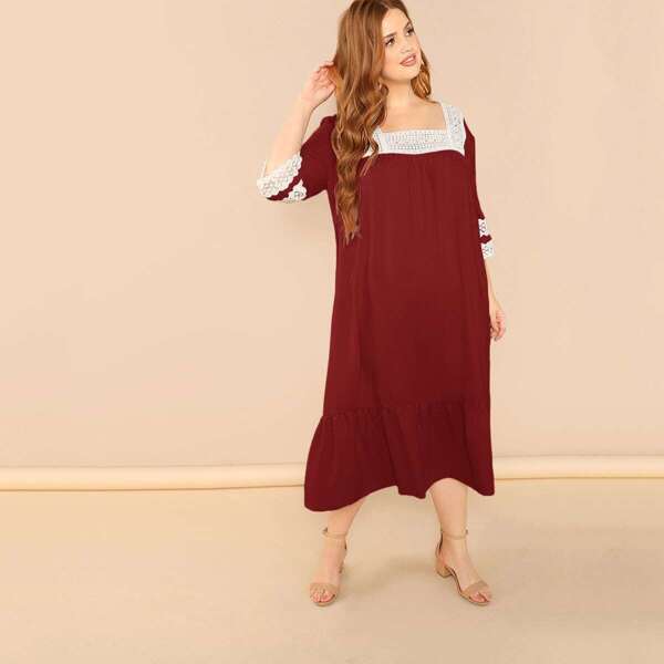 

Plus Square Neck Ruffle Hem Lace Insert Night Dress, Burgundy