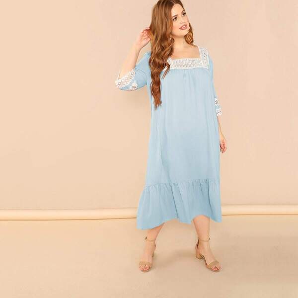 

Plus Guipure Lace Trim Flounce Hem Nightdress, Blue pastel