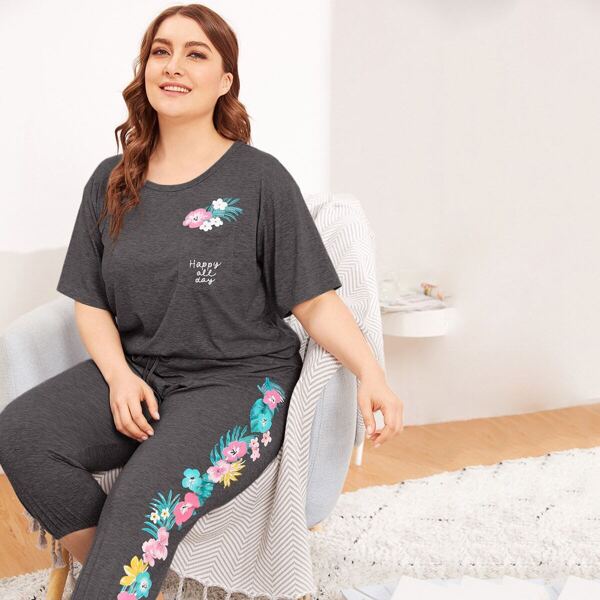 

Plus Pocket Patched Heathered Knit Top and Pant PJ Set, Grey
