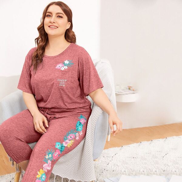 

Plus Pocket Patched Heathered Knit Top and Pant PJ Set, Pink