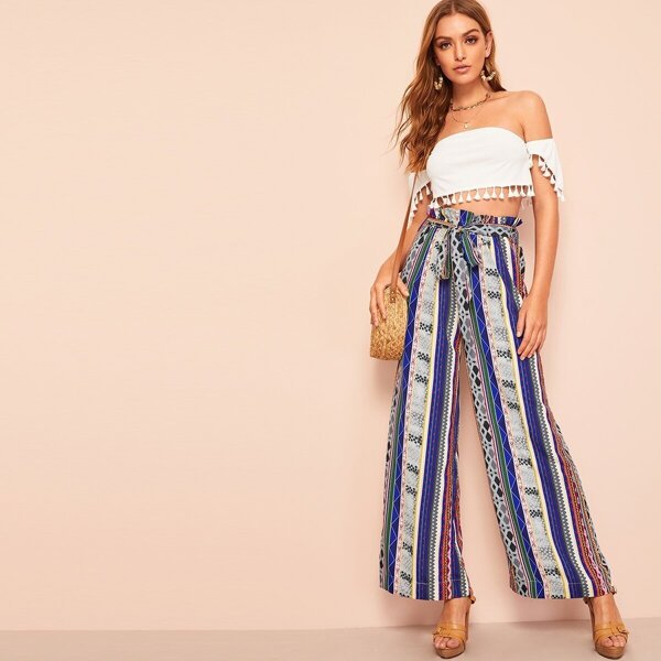 

Paperbag Waist Wide Leg Self Belted Geo Pants
