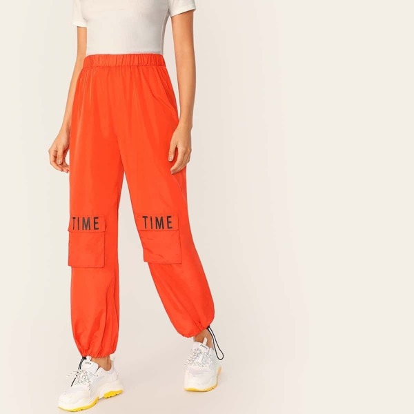 

Flap Packet Drawstring Hem Utility Pants, Orange bright