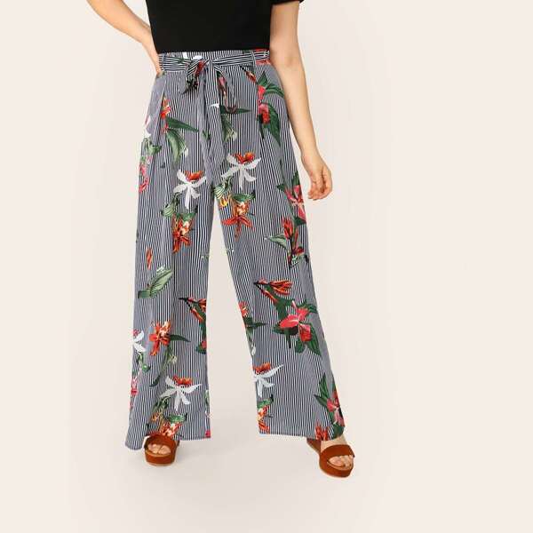 

Plus Waist Belted Stripe Floral Wide Leg Pants, Multicolor
