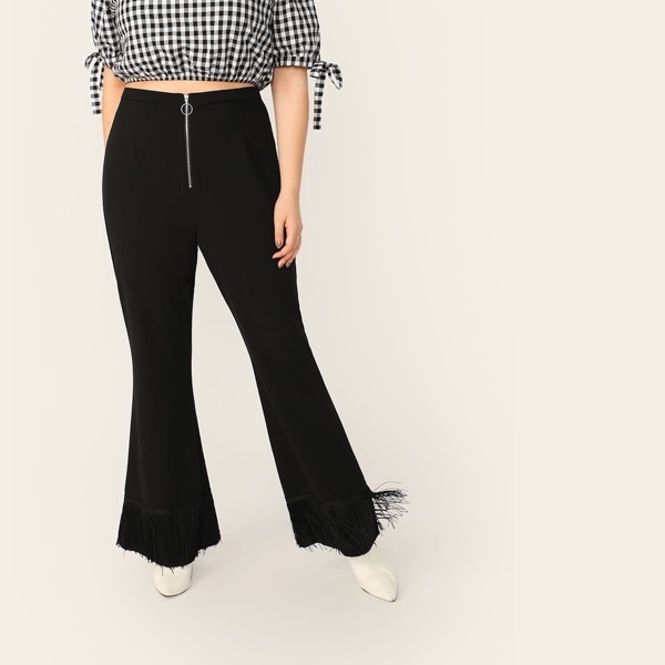 

Plus Zip Front Flare Leg Fringe Hem Pants