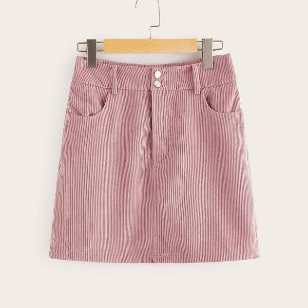 

Buttoned Front Slant Pocket Cord Skirt