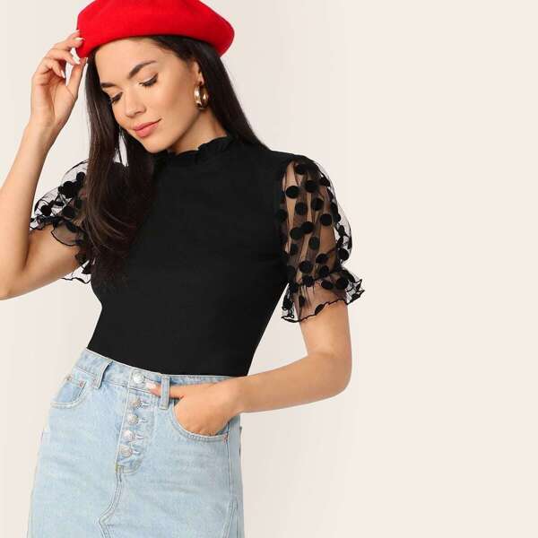 

Frilled Neck Dot Mesh Puff Sleeve Ribbed Tee, Black