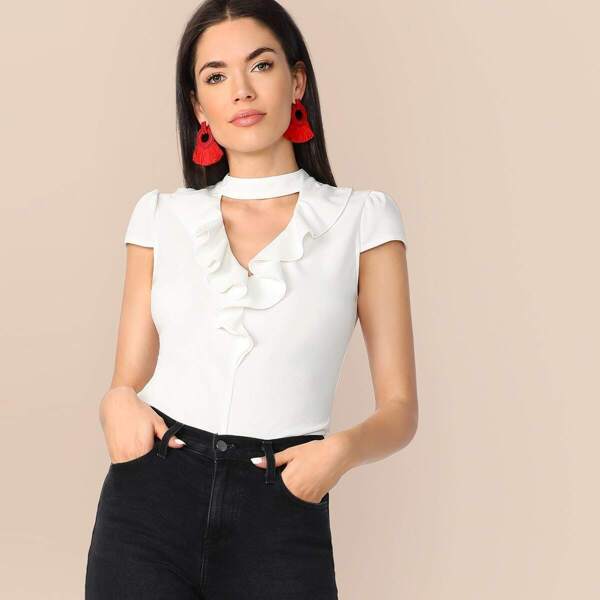 

Ruffle Trim Choker Neck Top