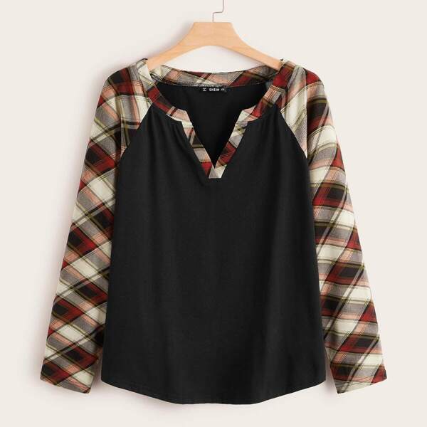 

Plus V-cut Neck Colorblock Raglan Sleeve Plaid Top