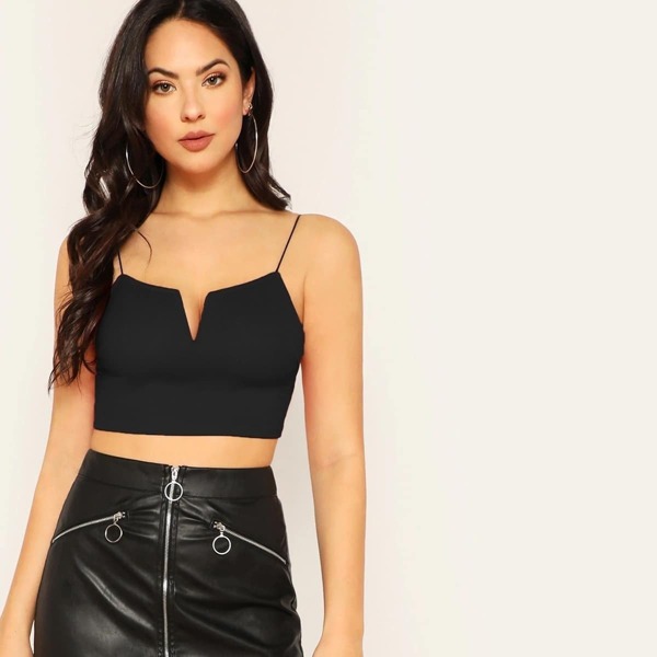 

V-cut Neck Crop Cami Top, Black