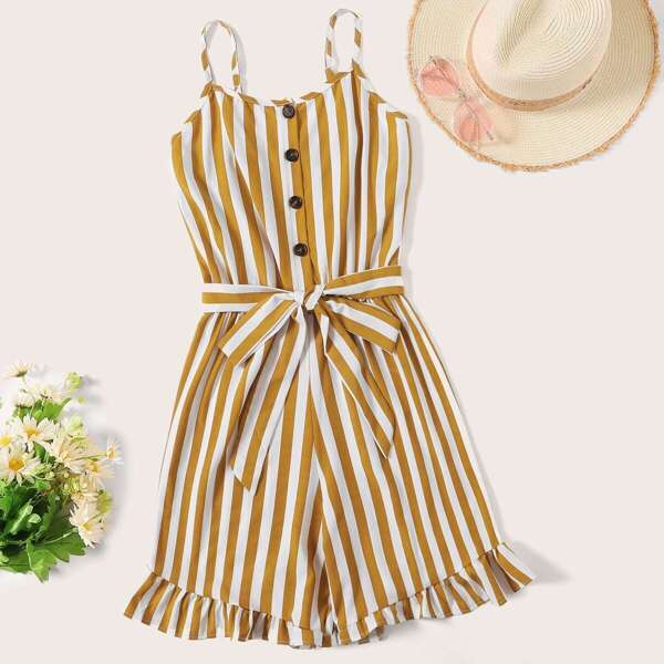

Plus Ruffle Hem Button Striped Romper, Yellow
