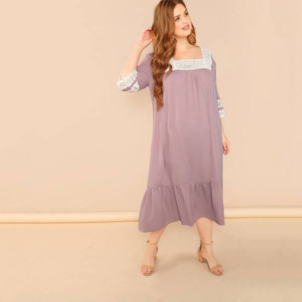 

Plus Lace Insert Cuff Ruffle Hem Night Dress, Purple
