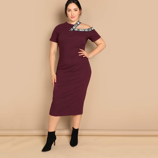 

Plus Cutout Shoulder Letter Tape Rib-knit Dress, Burgundy