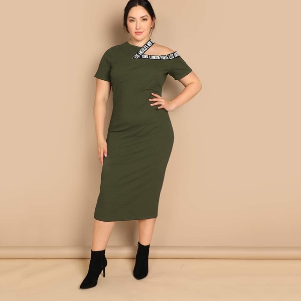 

Plus Asymmetrical Letter Neck Ribbed Knit Dress