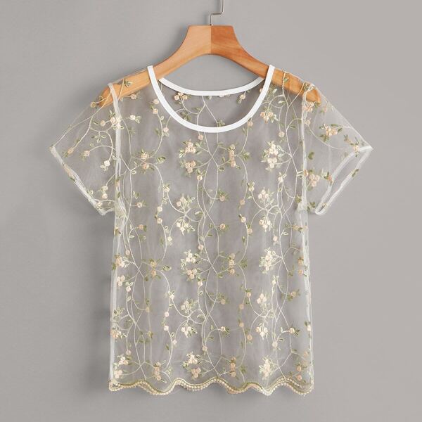 

Embroidery Floral Mesh Scallop Top