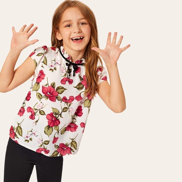 

Girls Floral Print Tie Neck Top, Multicolor