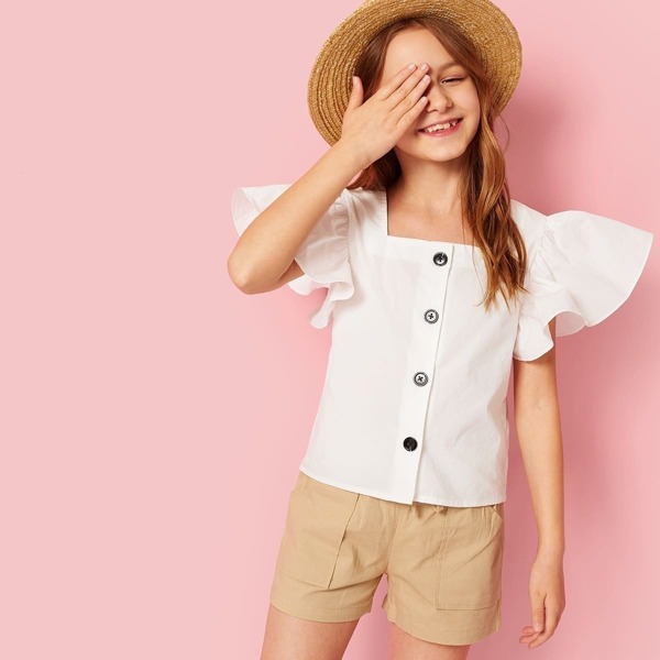 

Girls Ruffle Armhole Button Up Blouse, White