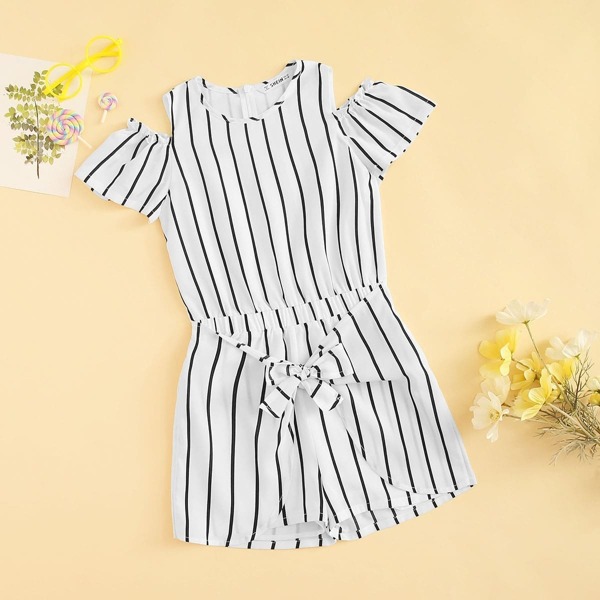 

Girls Cold Shoulder Tie Waist Striped Romper, Black and white