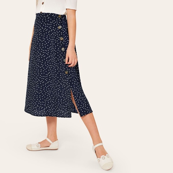 

Girls Polka Dot Button Up Split Side Skirt, Navy