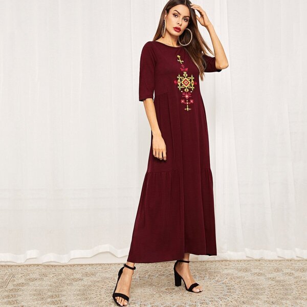 

Embroidered Detail Flounce Hem Hijab Dress