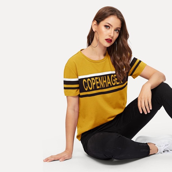 

Letter & Striped Graphic Tee, Yellow