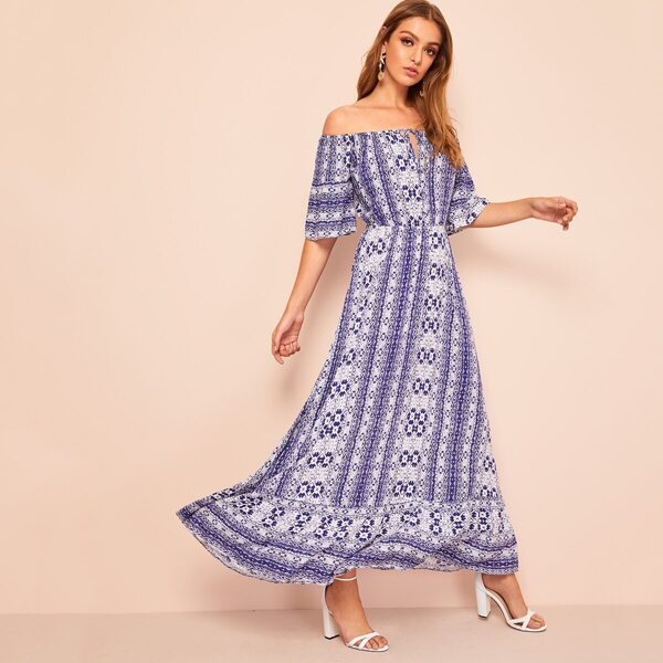 

Knotted Keyhole Off Shoulder Tribal Print Dress