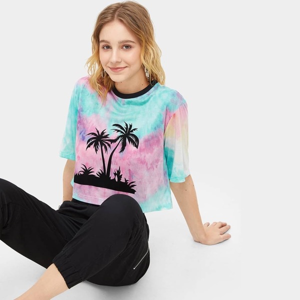 

Tropical Tie Dye Crop Tee, Multicolor