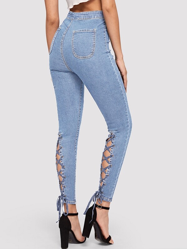 

Zip Fly Lace Up Crisscross Knot Jeans, Blue, DANI A