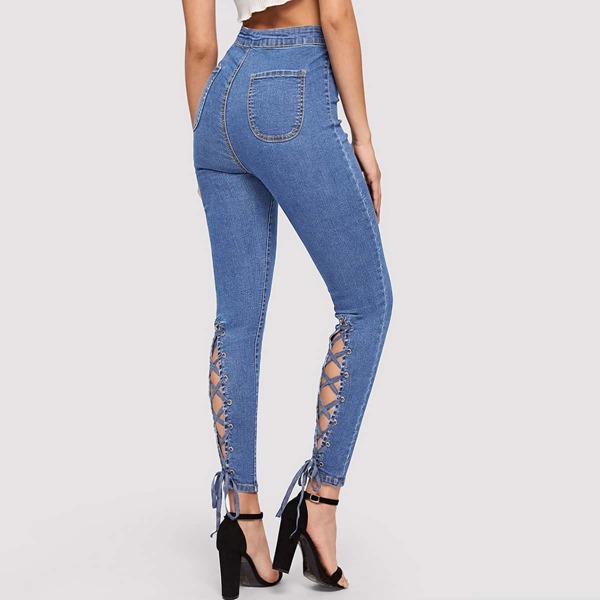 

Lace Up Knot Hem Jeans, Blue